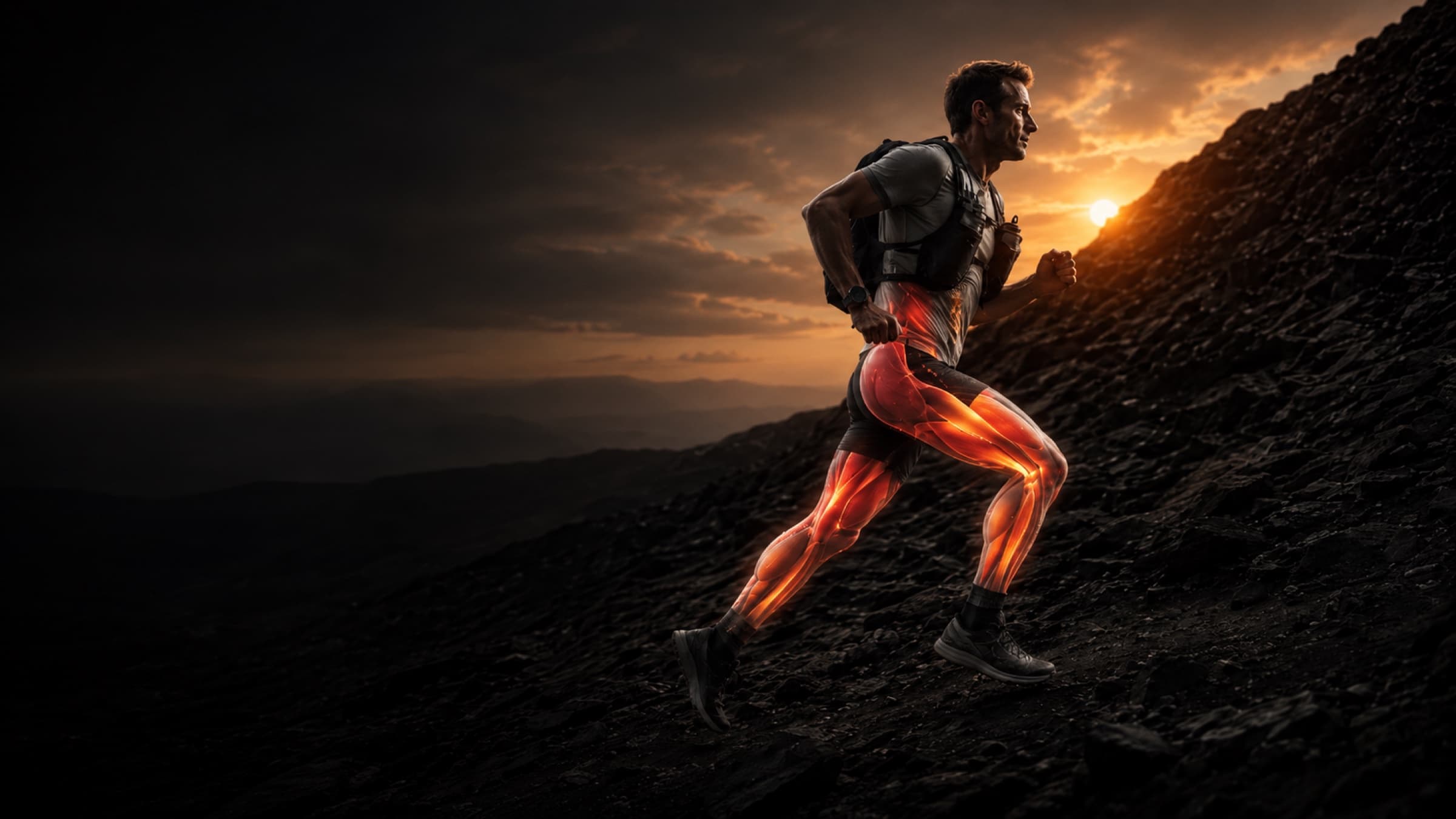 An ultra runner climbing a dark rocky slope at dusk, the working leg muscles glowing